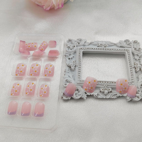 Square Press on Nails Short Cute Purple French Tip False Nails with White Flower Designs Pink Full Cover Faux Nails Press ons for Women Fake Nails 24 Pcs