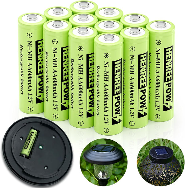 Henreepow 12-Pack Rechargeable AA Solar Batteries Ni-Mh 1.2V 600mAh - Pre-Charged for Outdoor Lights