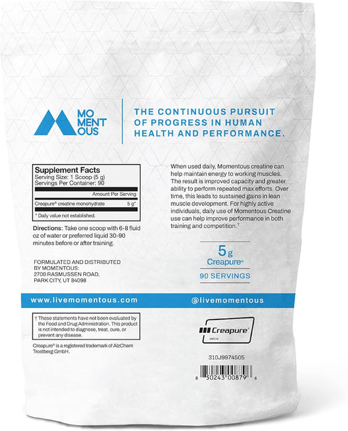 Momentous Creatine Monohydrate Powder - Creapure Performance, 5g Per Serving, 90 Servings for Muscle Support