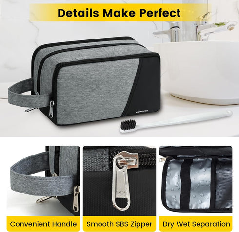 Vorspack Travel Toiletry Bag - Large Water Resistant Skincare Bag, Dopp Kit for Bathroom Toiletries Accessories, Grey