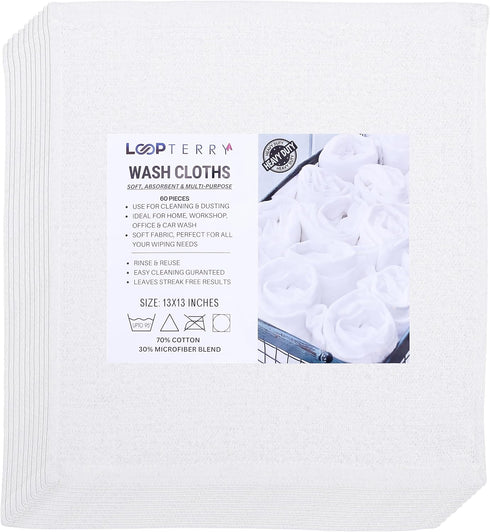 Wash Cloth Set - Heavy Duty 13x13 White Dish Towels, Quick Dry & Lint Free Multi Use Bar Rags for Cleaning, Auto Wash,