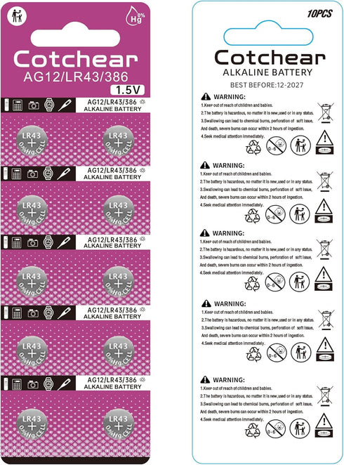 Cotchear 10pcs LR43 Batteries - 1.5V AG12 Button Cell Battery for Watch Toys
