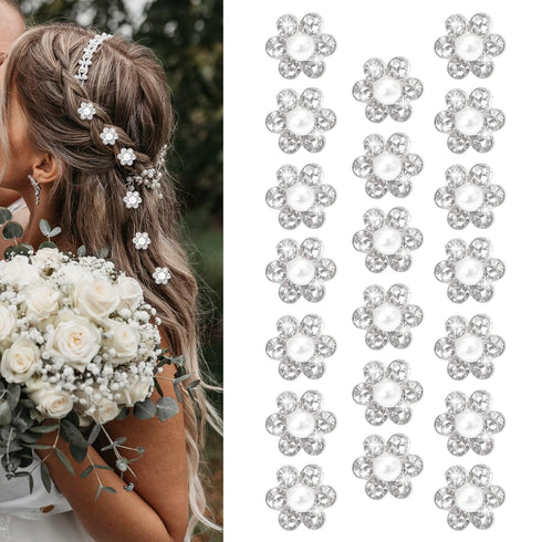 YISSION 20Pcs Mini Rhinestone Flower Hair Clips, Cute White Pearl Hair Pins, Wedding Hair Accessories for Women Girls