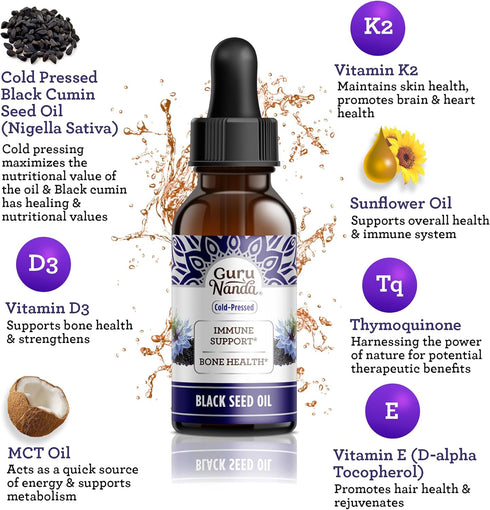 GuruNanda Black Seed Oil, Cold-Pressed Nigella Sativa - Rich in Vitamin D3 5000 Units, K2 & E, High Thymoquinone | Potent Antioxidant for Immune Support, Non-GMO, 2 Fl.oz