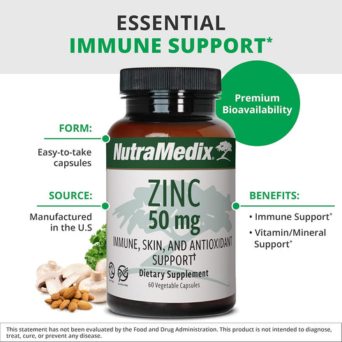 NutraMedix Zinc 50mg - Zinc Supplements for Immune Defense, Skin Health & Antioxidant Support (60 Capsules)