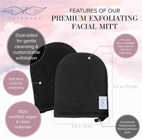 Seraphic Skincare Premium Exfoliating Facial Mitt - 100% Vegan Dual-Sided Face Mitten for Gentle Cleansing