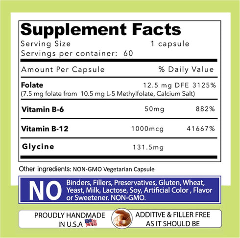 Our Daily Vites L-Methylfolate B Complex with Essential Amino Acids (7.5mg) - 60 Count, Active Folate & Methylated B12