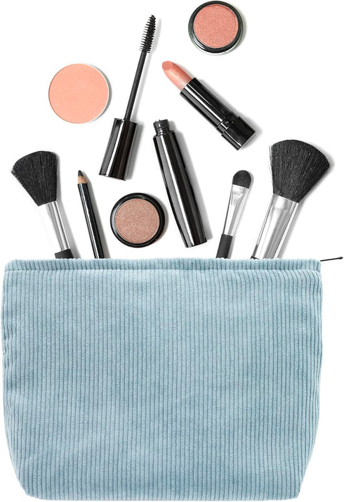 Large Zipper Corduroy Makeup Bag for Women, Travel Canvas Cosmetic Organizer, Brush Storage, Blue