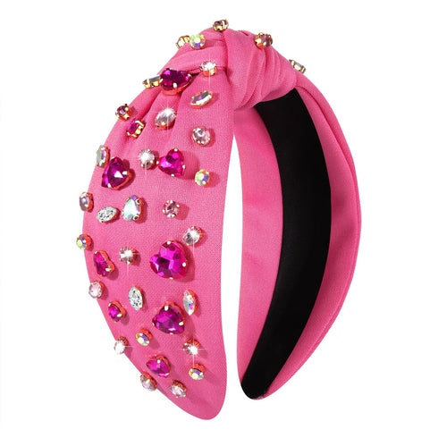 Pink Jeweled Crystal Heart Knotted Headband for Valentine's Day - Hair Accessories for Women Girls (Pink, Rhinestone
