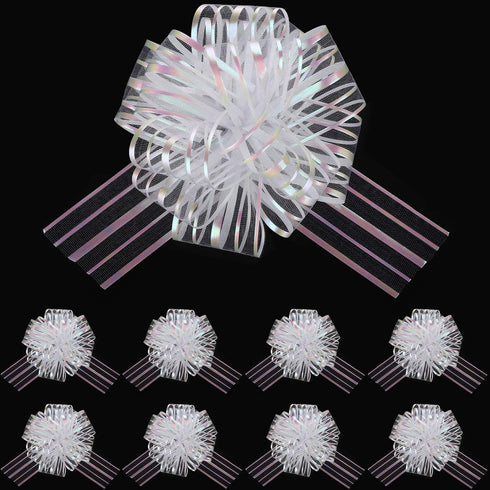 TecUnite 10 Pack Pull Bow, Large 6 Inches Organza White Pull String Bows for Wedding & Christmas Gifts