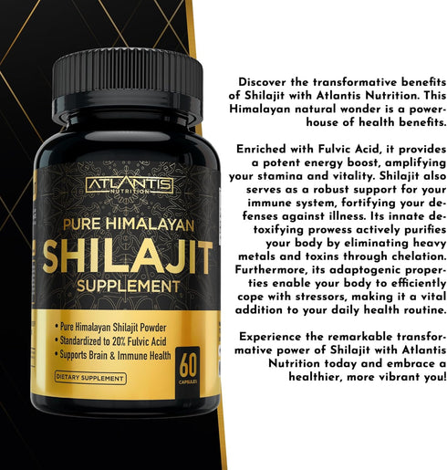 Shilajit Supplement - 60 Capsules Pure Himalayan Authentic Shilaijt Resin with 20% Fulvic Acid for Energy Support