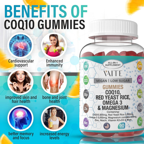 Coq10 Gummies with Red Yeast Rice, Magnesium, Omega 3, Niacin, Zinc, Vitamin K2, D3, B3, 60 Chews, Heart Health Support