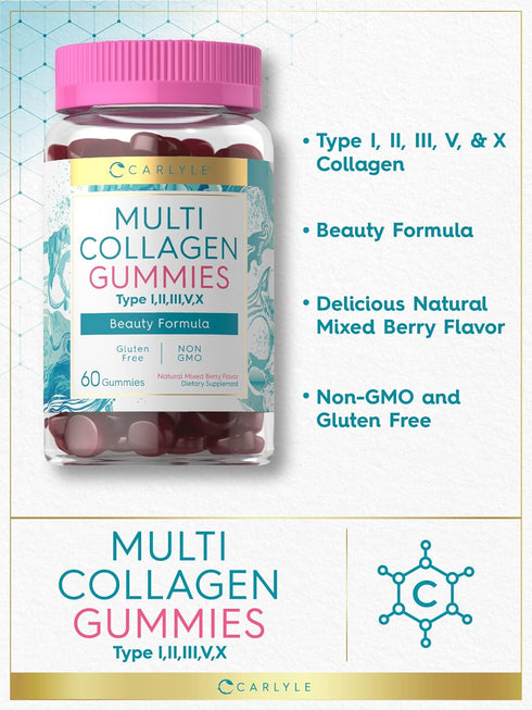 Carlyle Collagen Gummies, 60 Count Multi Collagen Complex Supplement, Mixed Berry Flavor, Non-GMO, Gluten Free