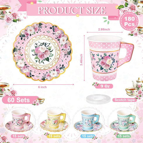 SUMMORO 180 9 OZ Set Pcs Floral Paper Tea Cups and Plates Disposable Paper TeaCups and Saucers with Tea Party Napkins