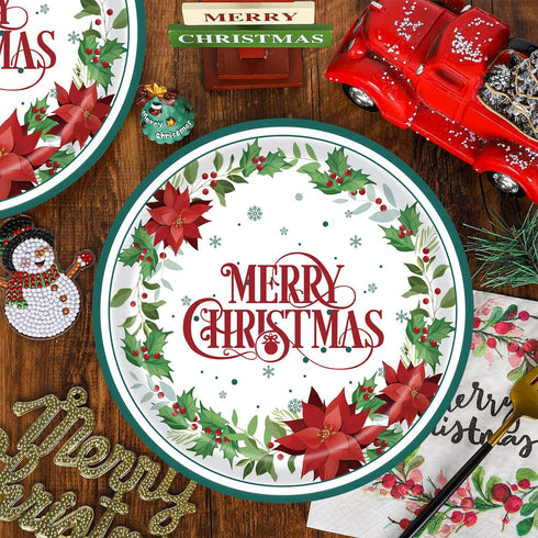 SHEPAILAI 25 25Pcs) Christmas Paper Plates Disposable Plates Holly leaf Dinner Tableware Kit Serve Guests Xmas Dessert