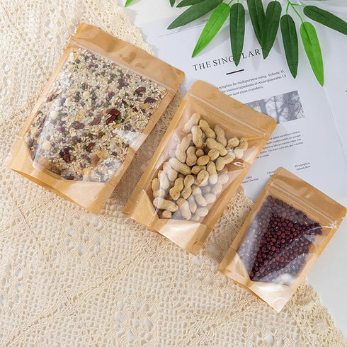 50pcs Kraft Bags with Window, Clear Front Pouches, Resealable Stand Up Zip Lock Food Storage Bags, Brown