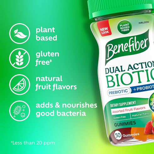 Benefiber Prebiotic Fiber Supplement Gummies with Probiotics for Digestive Health, Assorted Fruit Flavors - 50 Count