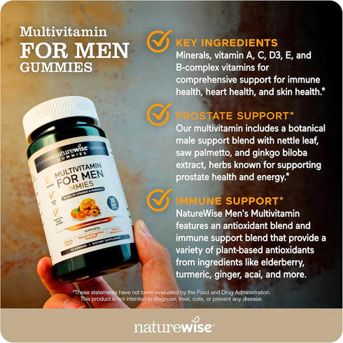 Gummies Immune B6 B12, 60 Count[1-Month NatureWise Multivitamin for Men, Peach Mango Flavor, for Health with Minerals