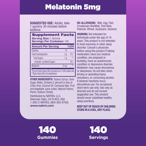 Natrol Melatonin Gummies 5mg - 140 Strawberry-Flavored Gummies for Sleep Support, 70 Day Supply for Adults