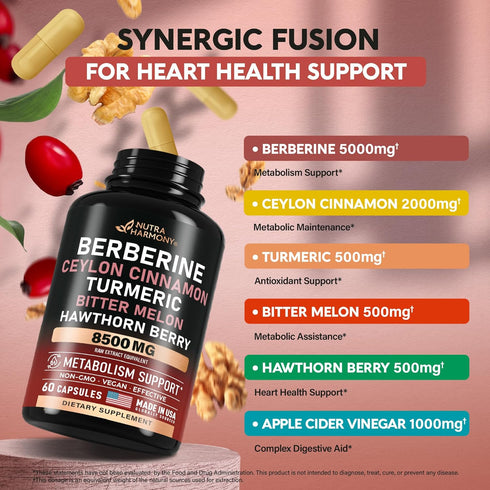 Berberine with Ceylon Cinnamon 10000 mg - 15-in-1 Supplement for Heart Support, Metabolism & Energy, 60 Capsules