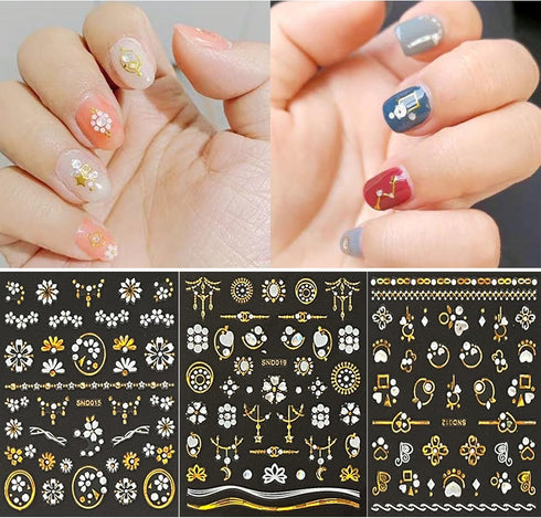20 Sheets Gold Nail Art Stickers - Metallic 3D Self Adhesive Flower Diamond Designs for Women Nail Decorations