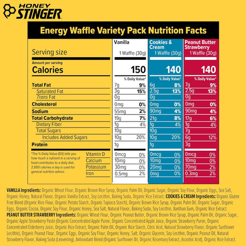 Pack 18, 6 Pack Honey Stinger Organic Energy Waffle Fan Favorites Variety of Vanilla, Cookies and Cream, Each of Peanut