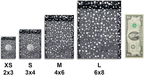 100-Pack 2x2.5 Sheer Organza Drawstring Gift Bags (X-Small) - Metallic Stars (Black/Silver) for Wedding Party Favors,