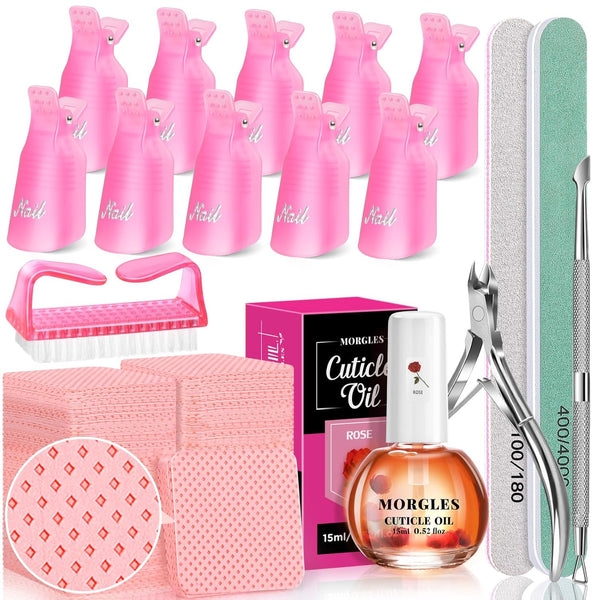 MORGLES 300pcs Lint Free Nail Wipes with Nail Polish Remover Kit, Pink Nail Clips, 2PCS Nail Files and Buffers