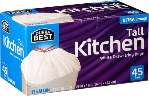 DURRA BEST. 13 Gallon Tall Kitchen Drawstring Trash Bags, 45 Count, Ultra Strong White Garbage Bags