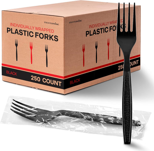Stock Your Home Individually Wrapped Forks - 250 Count Heavyweight Plastic Forks for Party Supplies