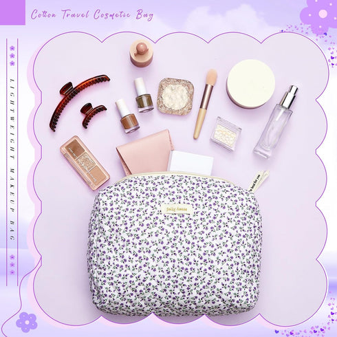 3 Pcs Quilted Makeup Bag - Large Floral Cosmetic Bag, Travel Toiletry Pouch for Women Gifts