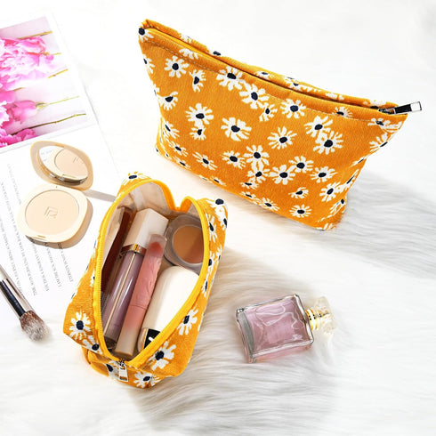 2 Pieces Little Flower Makeup Bag, Large Capacity Canvas Travel Toiletry Organizer for Women