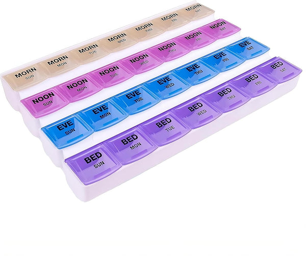 Apex 7-Day Mediplanner Pill Organizer, Weekly, 4 Times A Day, Color-Coded, Easy-Open, See-Through Lids