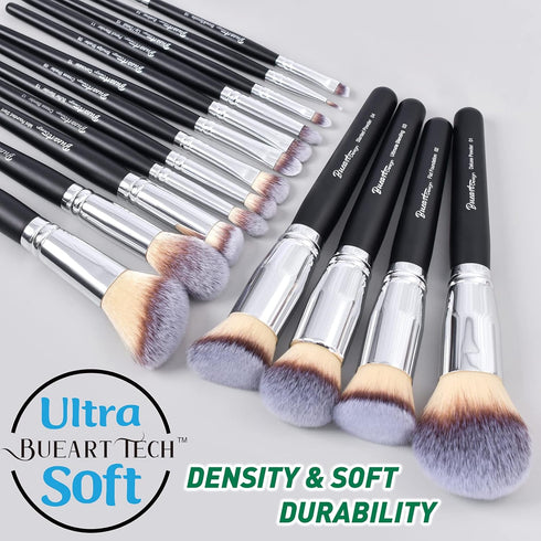 16Pcs ULTRA SOFT Black Labeled Makeup Brushes Set - Includes Large Powder, Flat Foundation, Blending Brushes