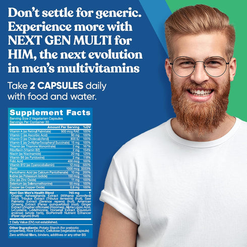 Next Gen Multi for Him Advanced Men’s Multivitamin Supplement – 26-in-1 for Beard & Hair Growth, Metabolism, Heart,