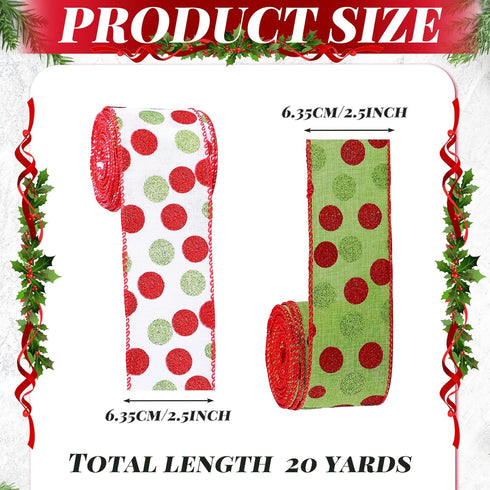 Yinder 2 Rolls 20 Yards Christmas Ribbon, Red and Green Glitter Ribbon, 2.5 Inch for Wreaths, Present Box Wrapping