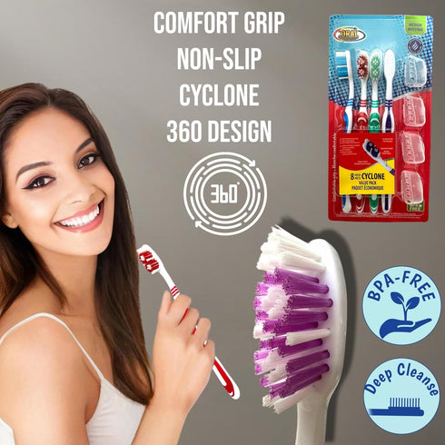 4pc Adult Medium Bristles Toothbrush with Caps, Comfort Hold Deep Clean, Cheek & Tongue Cleaner, Travel TSA Approved