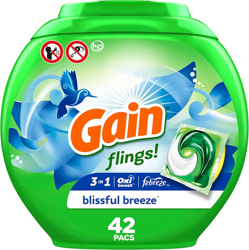 Gain Flings Laundry Detergent Soap Pacs, HE Compatible, 42 Count, Long Lasting Blissful Breeze Scent