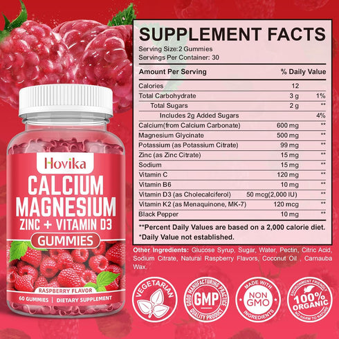 Calcium Magnesium Zinc Gummies with Potassium, Vitamin C, B6, D3, K2 - Supports Bones, Muscles, Teeth & Immunity - 60