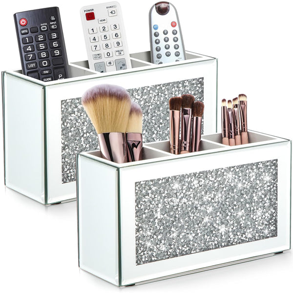 Tanlade 2 Pcs Mirrored Makeup Brush Holder, Crushed Diamond Crystals Organizer for Vanity and Desk