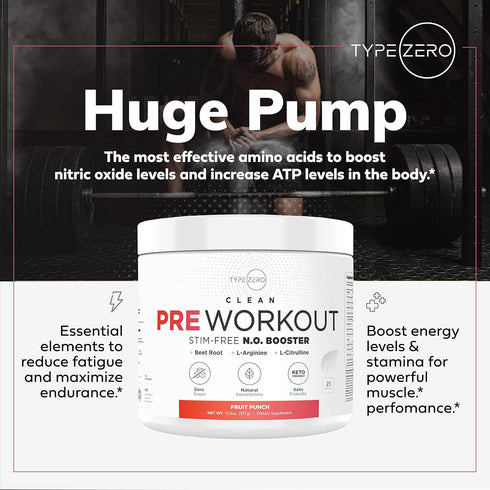 Ultra Clean Stim Free Pump Pre Workout + Nitric Oxide Booster (Fruit Punch) - Sugar/Caffeine Free Natural Non-Stim
