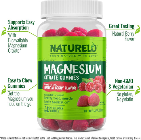 NATURELO Magnesium Citrate Gummies, Natural Berry Flavor, 60 Vegetarian Gummies for Calm & Relaxation Support