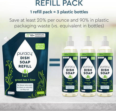 Puracy Natural Dish Soap Refill, Clean-Rinsing Water-Sheeting Formula, Plant-Based Liquid, Green Tea and Lime, 48 Oz