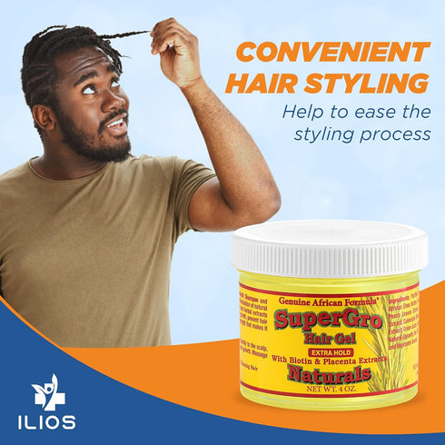 ILIOS Genuine African Formulas Hair Gel Comb Bundle, 4oz Gel for Styling and Grooming All Hair Types