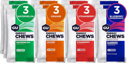 GU Energy Chews Variety Pack - Vegan Energy Gummies with Electrolytes, 12 Bags (24 Servings Total)