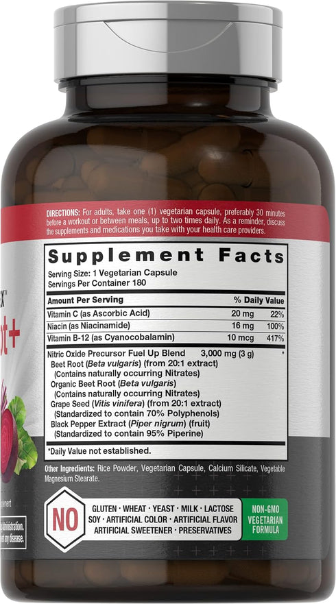 Horbaeach Nitric Oxide Beet Root Capsules | 180 Count Vegetarian Non-GMO Gluten Free Supplement