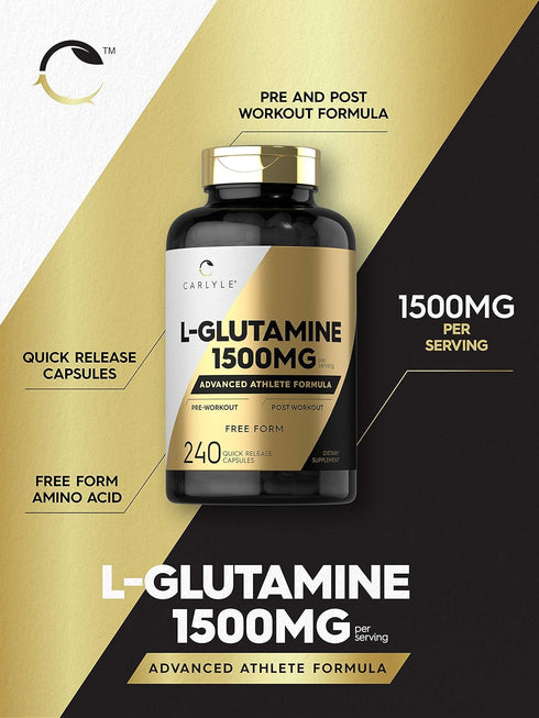 Carlyle L Glutamine Capsules | 1500mg | 240 Count | Non-GMO, Gluten Free Supplement | Advanced Athlete Formula, Pre and