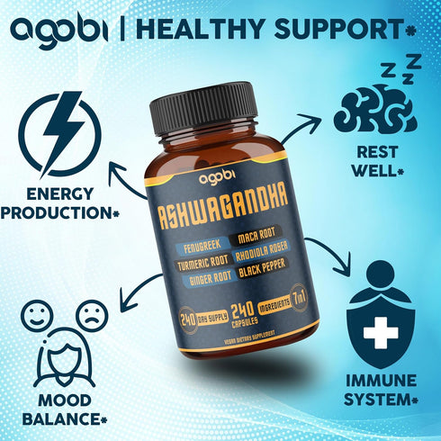 240 Capsules, 8 Month Supply, 7in1 Ashwagandha 8050mg, Mood & Energy Support Supplement