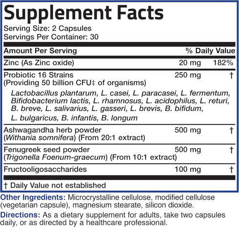 Bronson Men's Probiotic | 60 Vegetarian Capsules | 50 Billion CFU Plus Prebiotic with Ashwagandha, Fenugreek & Zinc,