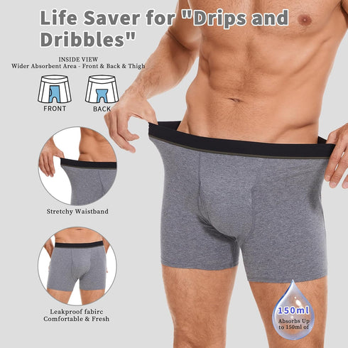 PurityLock 120ml (3PCS, 4XL, Men's Washable Incontinence Boxer Briefs, Cotton Urinary Incontinence Underwear with Fly